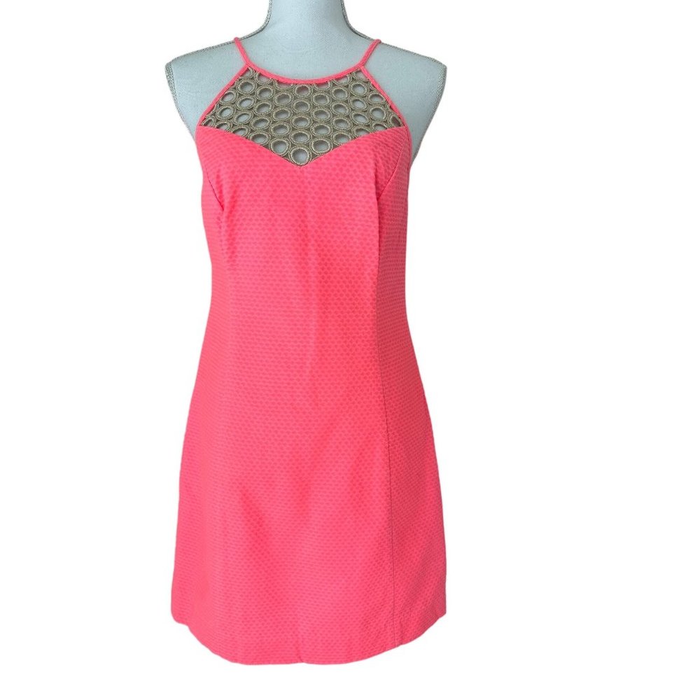 Lilly Pulitzer Larina Shift Dress Pink W/ Gold Crochet High Neck Size 6 Dress